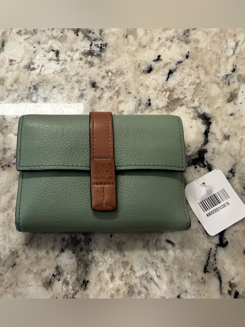 Loewe NWT Sage Green Leather Wallet w/Brown Strap Detail
